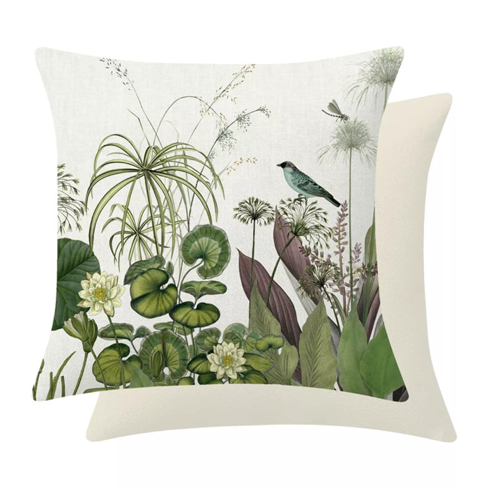 Housse de coussin lin & coton 165 g/m² imprimé beige vert Nenuphars parchemin