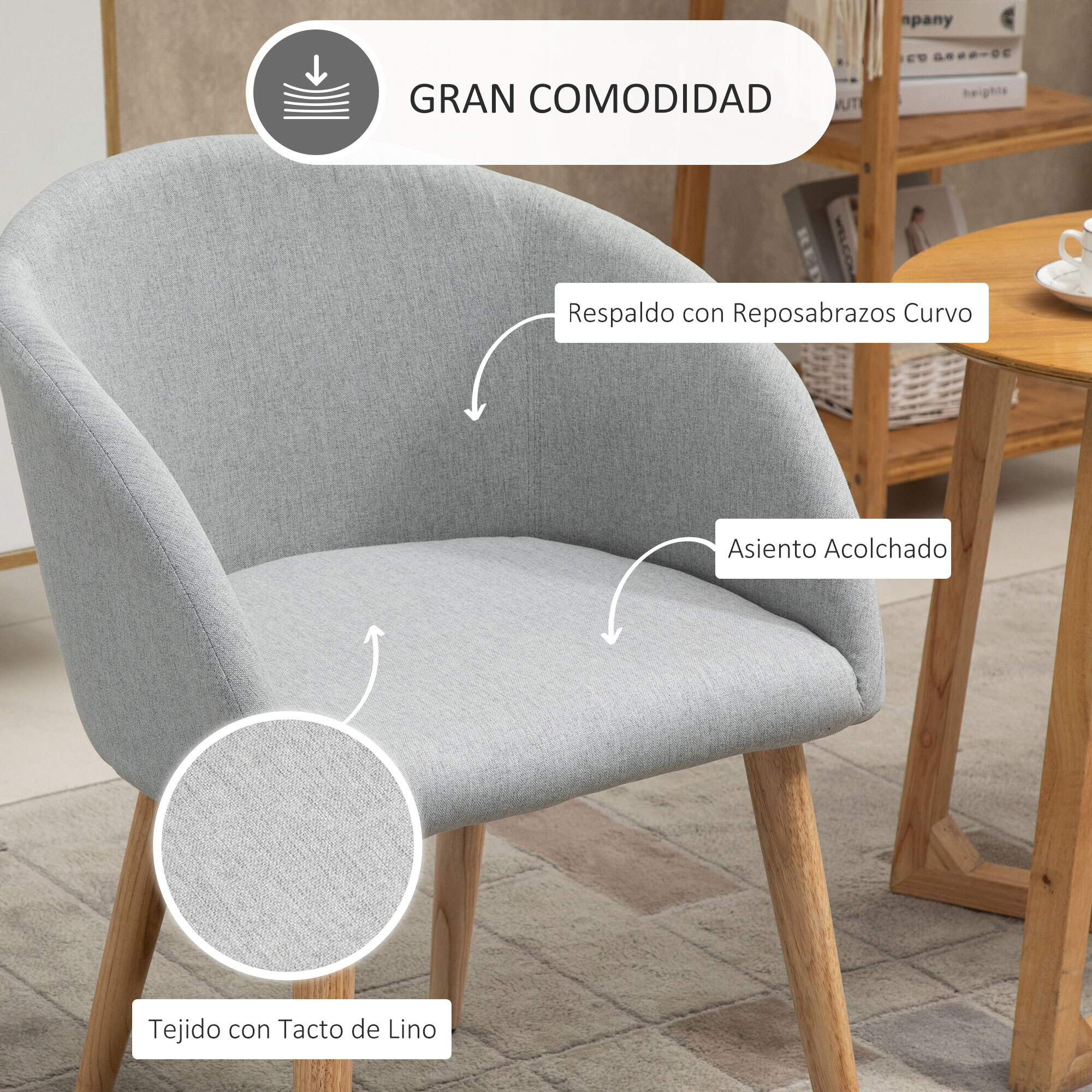 HOMCOM Silla de Comedor Tapizada en Lino Sintético Transpirable con Asiento Acolchado y Patas de Madera Silla de Ocio Moderna para Salón Dormitorio 55x58x74 cm Gris