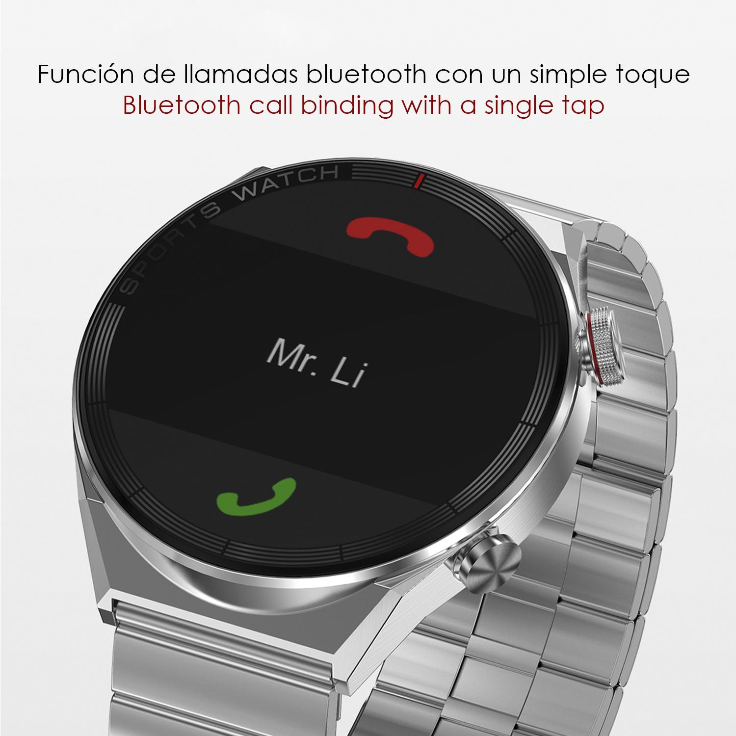 Smartwatch DT3 Mate con notifiche, schermo diviso, modalità multisport e cardiofrequenzimetro. Include cinturini in metallo e silicone.