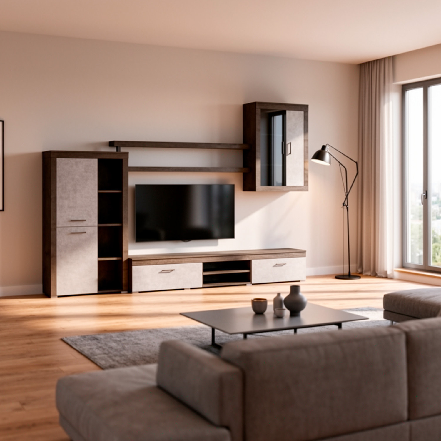 Parete Attrezzata Da Soggiorno Salotto Moderna Con Ante Mensole Vani A Giorno Vetrinetta Mobile TV 293 x 193 x 50 Cm Ossido E Grigio Cemento