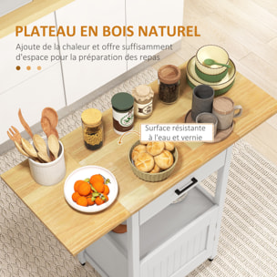 Desserte de cuisine extensible sur roulettes - porte, niche, tiroir - rallonges bois hévéa verni MDF blanc