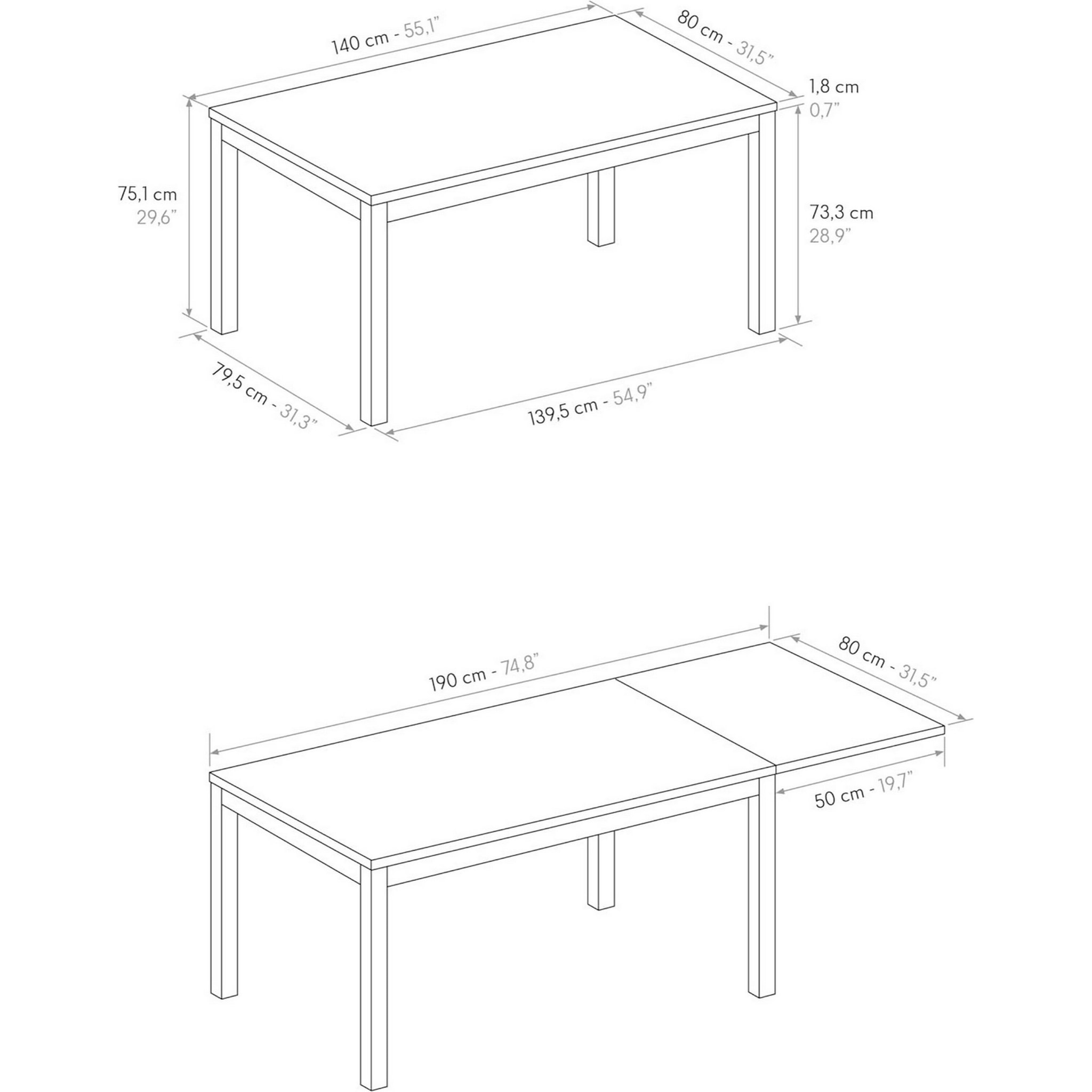 Tavolo TROPEA in legno, finitura bianco frassinato e base in metallo verniciato bianco, allungabile 140x80 cm - 190x80 cm