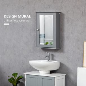 Armoire miroir mural de salle de bain - porte, 2 étagères - dim. 41L x 14l x 60H cm - gris