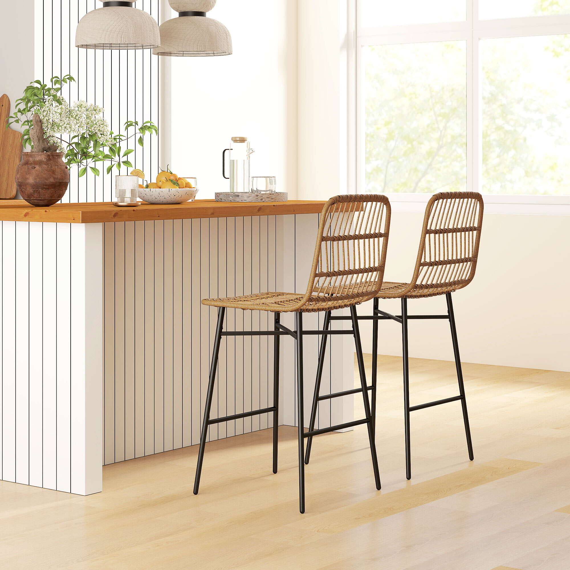 Conjunto de 2 Taburetes Altos de Cocina Taburetes de Bar con Respaldo y Asiento de Ratán Carga 120 kg Sillas de Bar Modernas para Cocina Comedor Marrón