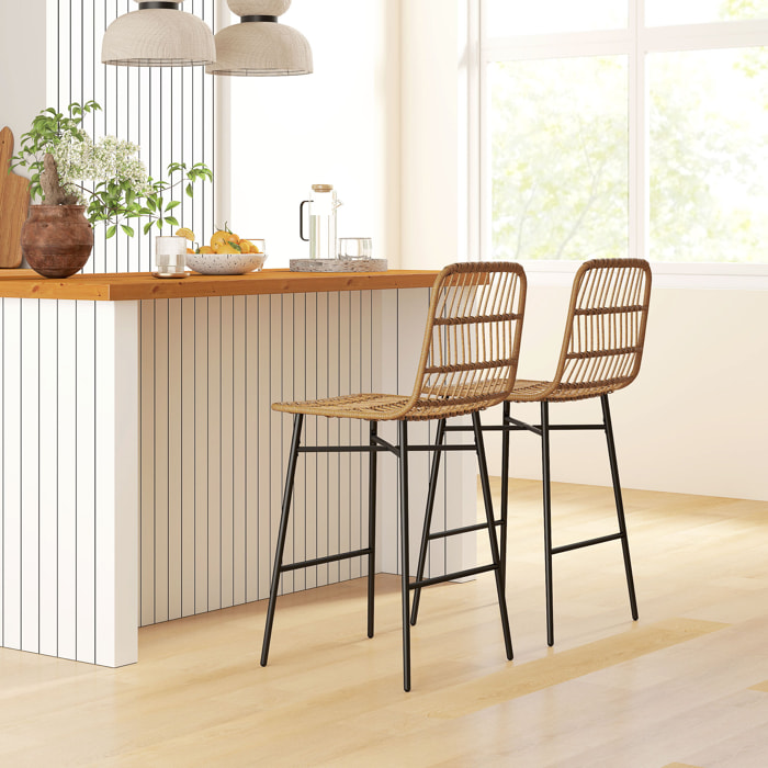 Conjunto de 2 Taburetes Altos de Cocina Taburetes de Bar con Respaldo y Asiento de Ratán Carga 120 kg Sillas de Bar Modernas para Cocina Comedor Marrón