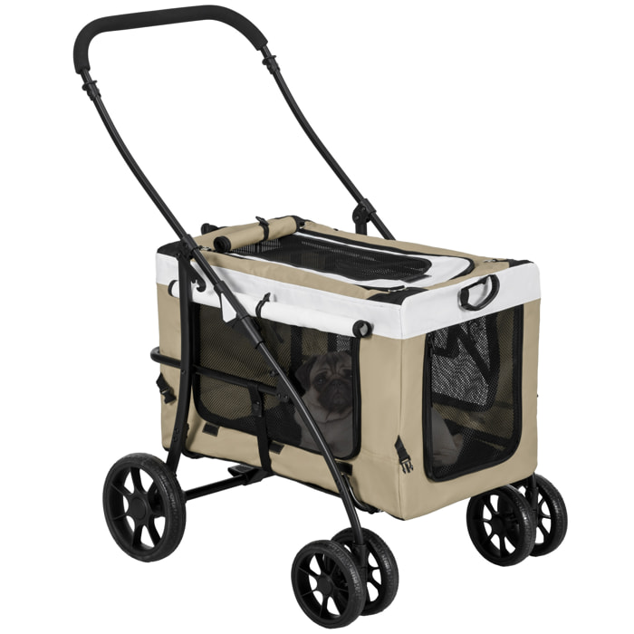 PawHut Carrito para Perros Cochecito para Perros Plegable con Vagón Desmontable 4 Puertas con Cremallera 2 Correas de Seguridad 2 Correa de Transporte y Cojín Caqui