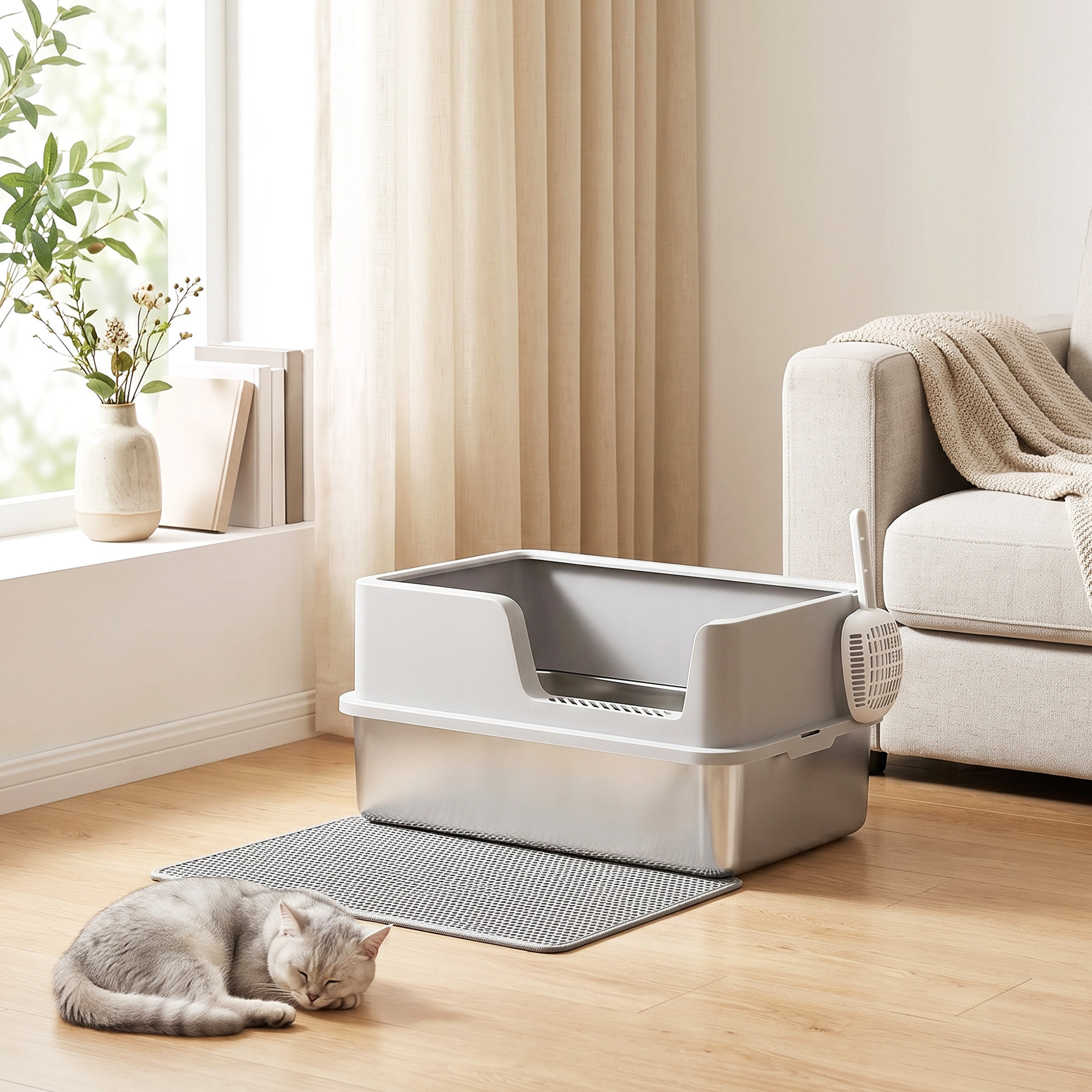 Bac à litière chat acier inox hauts rebords tapis pelle brosse