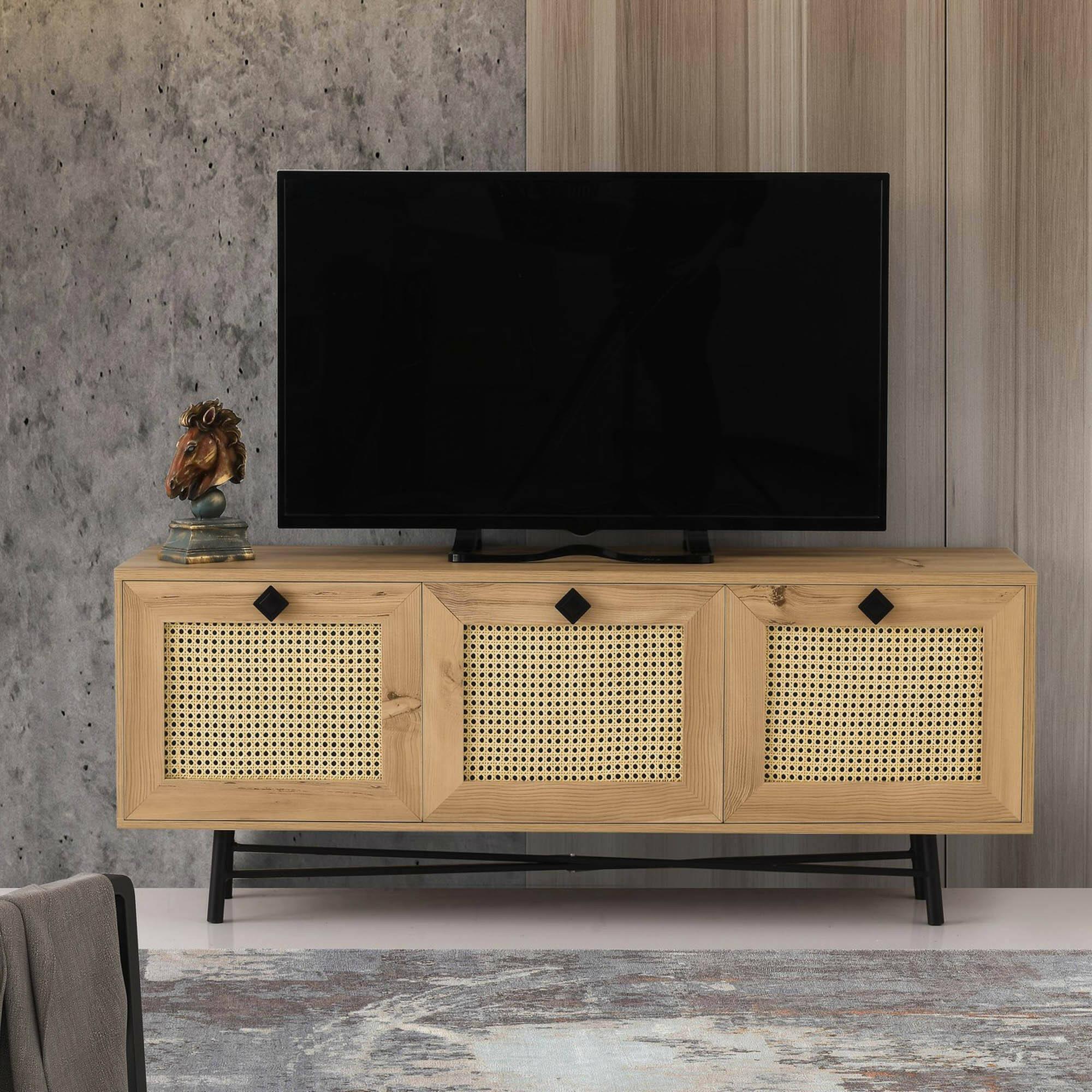 Mobile porta TV Dpasinat, Credenza da soggiorno, Armadio basso per TV, Base parete attrezzata, 140x40h60 cm, Quercia e Nero