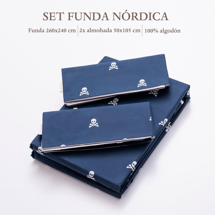 Set cama funda nórdicay 2 fundas almohada, 100% algodón, navy calaveras scalpers home