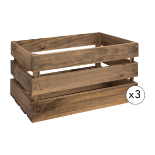 Pack de 3 cajas de madera maciza en tono roble oscuro grandes Alto: 25.5 Largo: 49 Ancho: 29.5