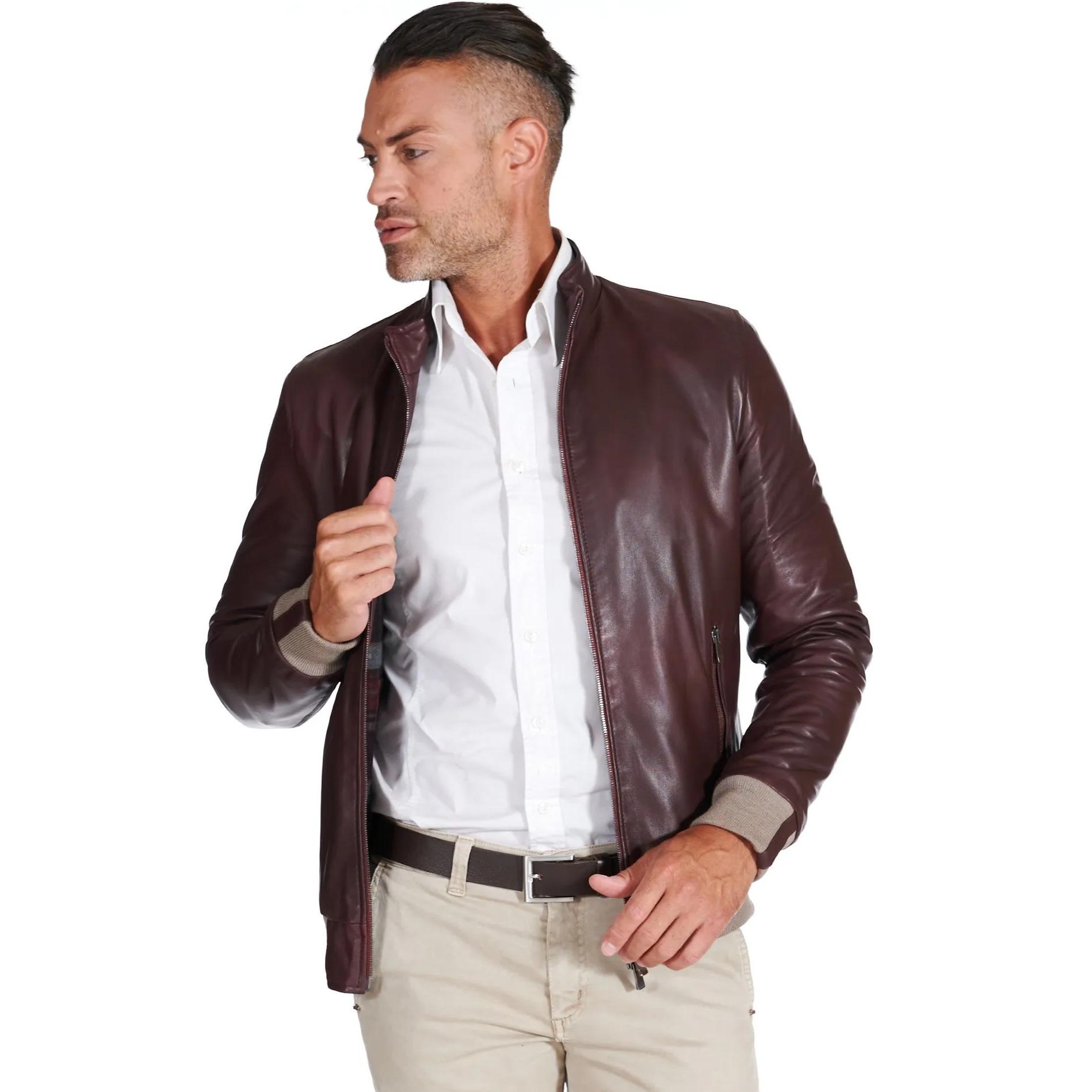 Giubbotto bomber in pelle naturale bordeaux lana a contrasto beige