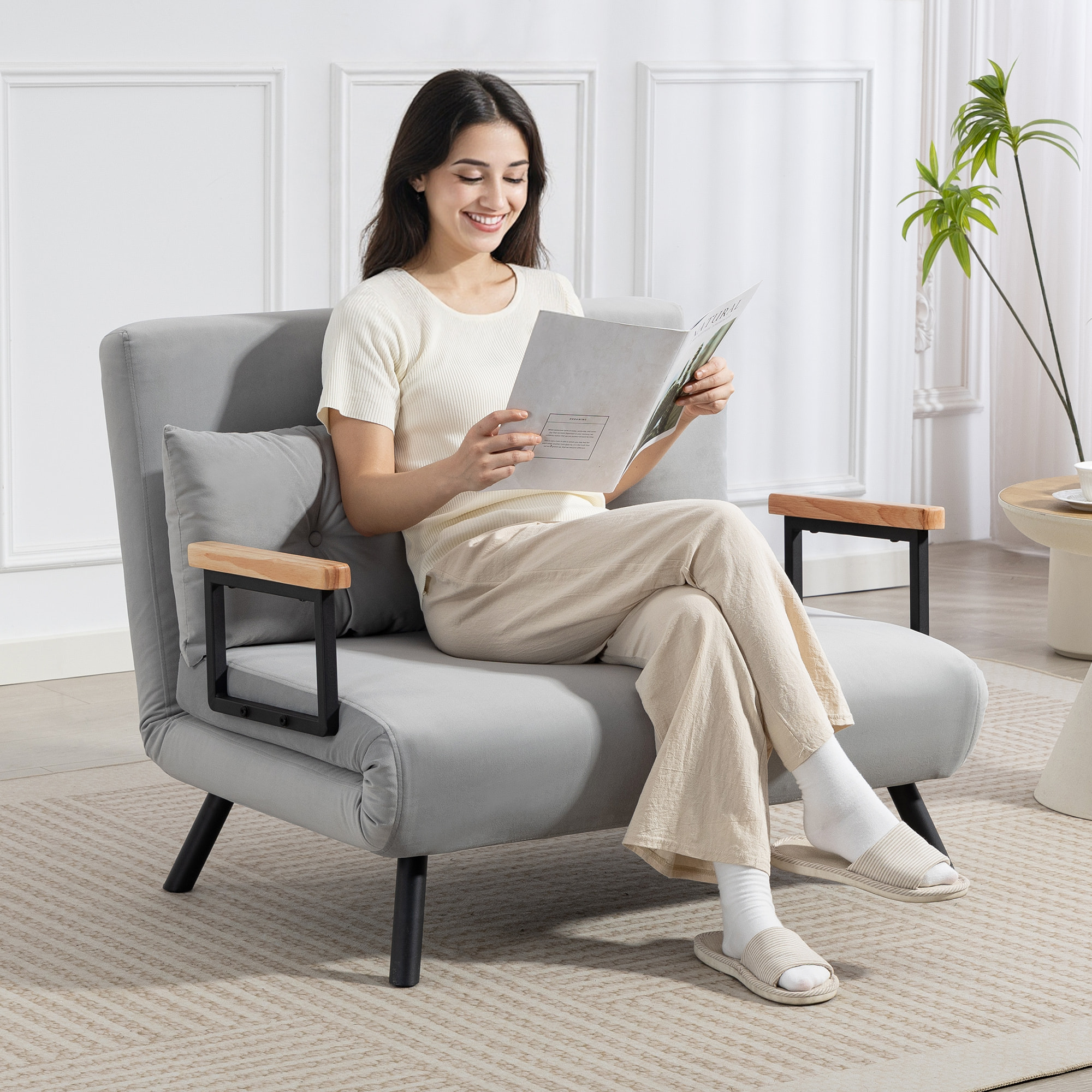 Sofá Cama de 2 Plazas 4 en 1, Sofá Cama Plegable Tapizado en Terciopelo con Respaldo Ajustable de 5 Niveles y Almohadas Acolchadas, para Oficina, Dormitorio, Salón, 102x73x81 cm, Gris Claro