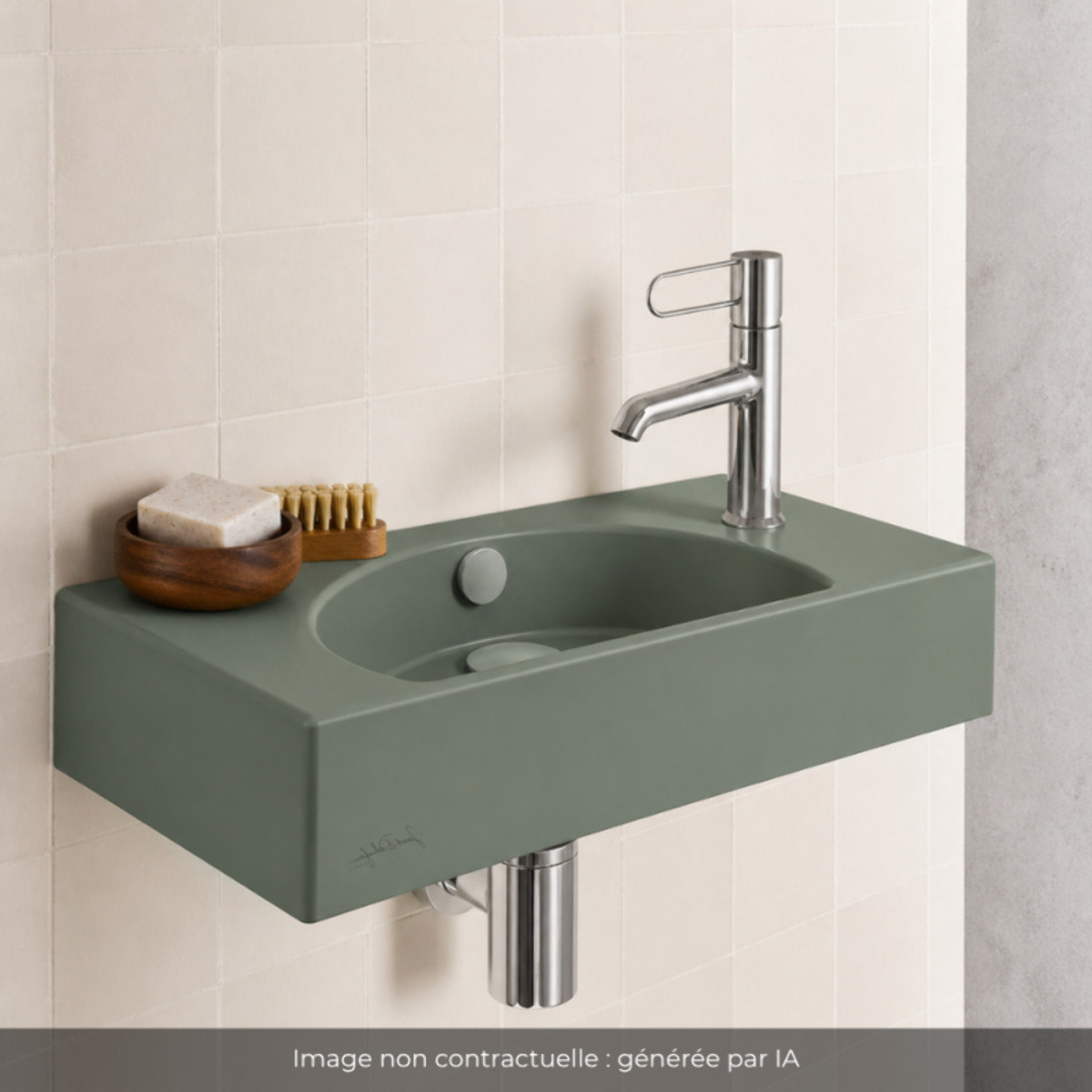 Lave-mains compact 50 cm Odéon Rive Gauche 1 trou de robinetterie à droite Kaki satiné avec bonde