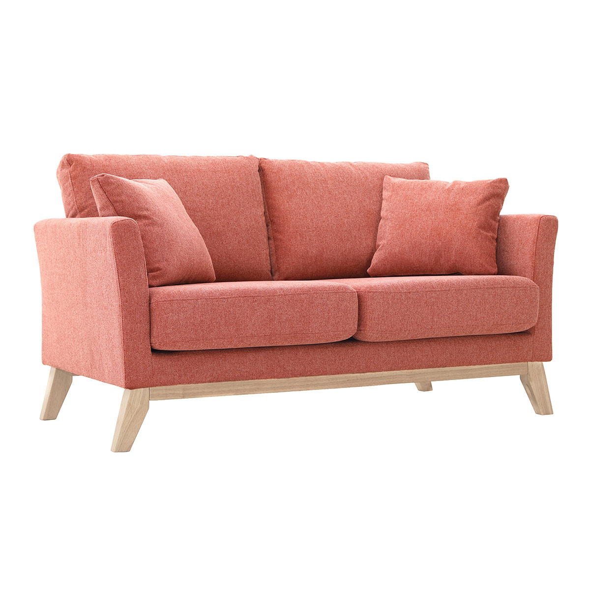 Canapé scandinave déhoussable 2 places en tissu effet velours texturé terracotta et bois clair OSLO