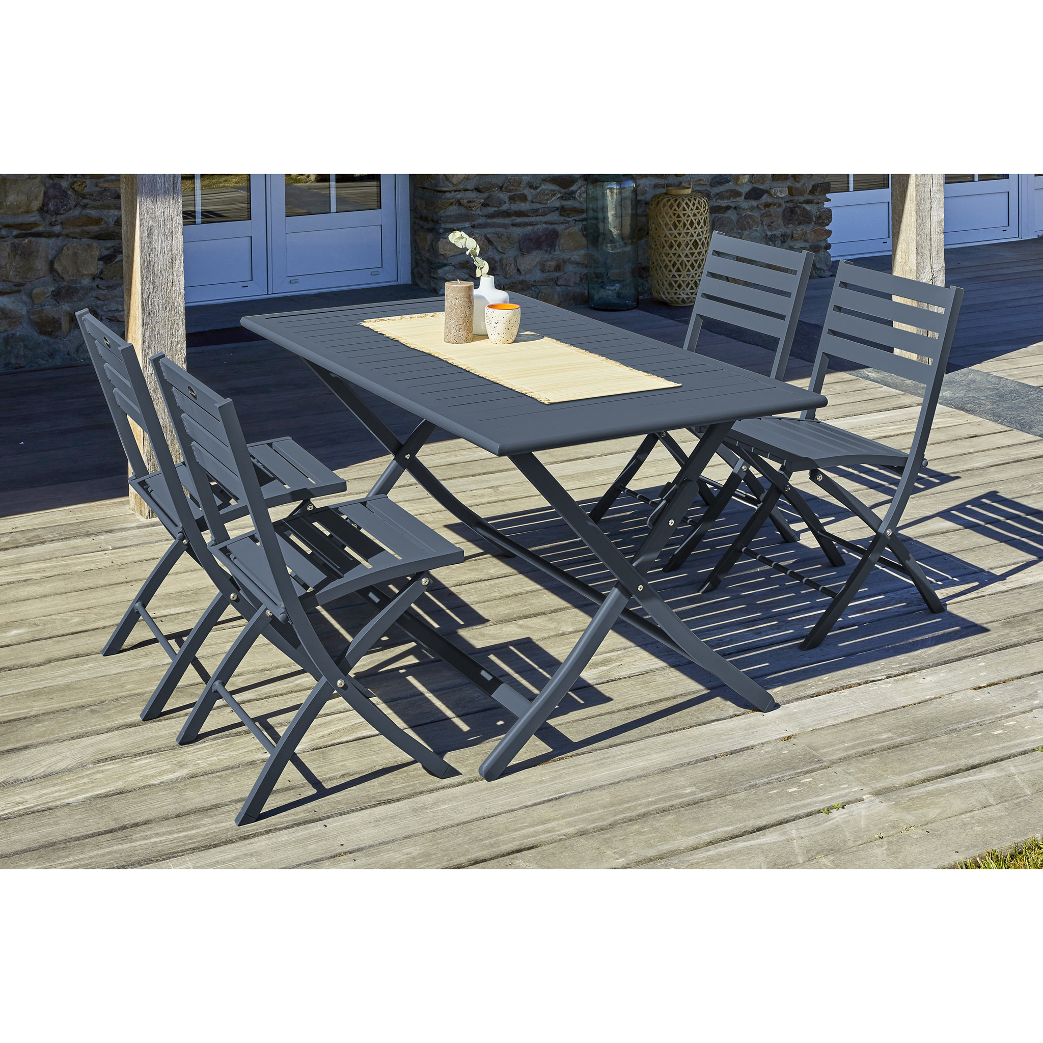 MARIUS - Ensemble repas de jardin 4 places en aluminium gris anthracite