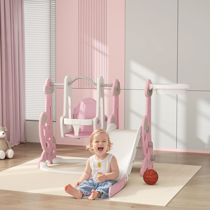 Tobogán Infantil 4 en 1 Parque Infantil con Columpio y Tobogán Escalador Aro de Baloncesto Temática de Cohete para Interior Rosa y Blanco