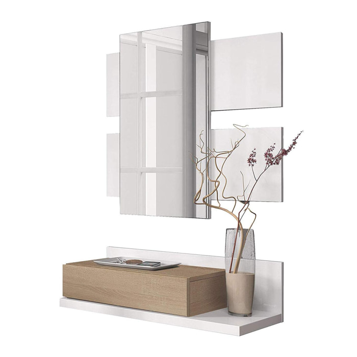 Mobiletto Per Ingresso Con Cassetto Specchio Sospeso Mobile Di Design Moderno Con Vano Porta Accessori Corridoio Soggiorno 75x116x29 Cm Rovere Bianco