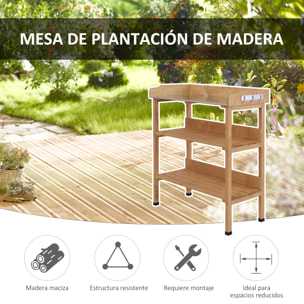 Mesa de Plantación de Madera de 3 Niveles Mesa de Jardinería con Placa Metálica 2 Estantes y Ganchos Resistente a la Intemperie para Jardín Terraza Balcón 76x37x89 cm Natural