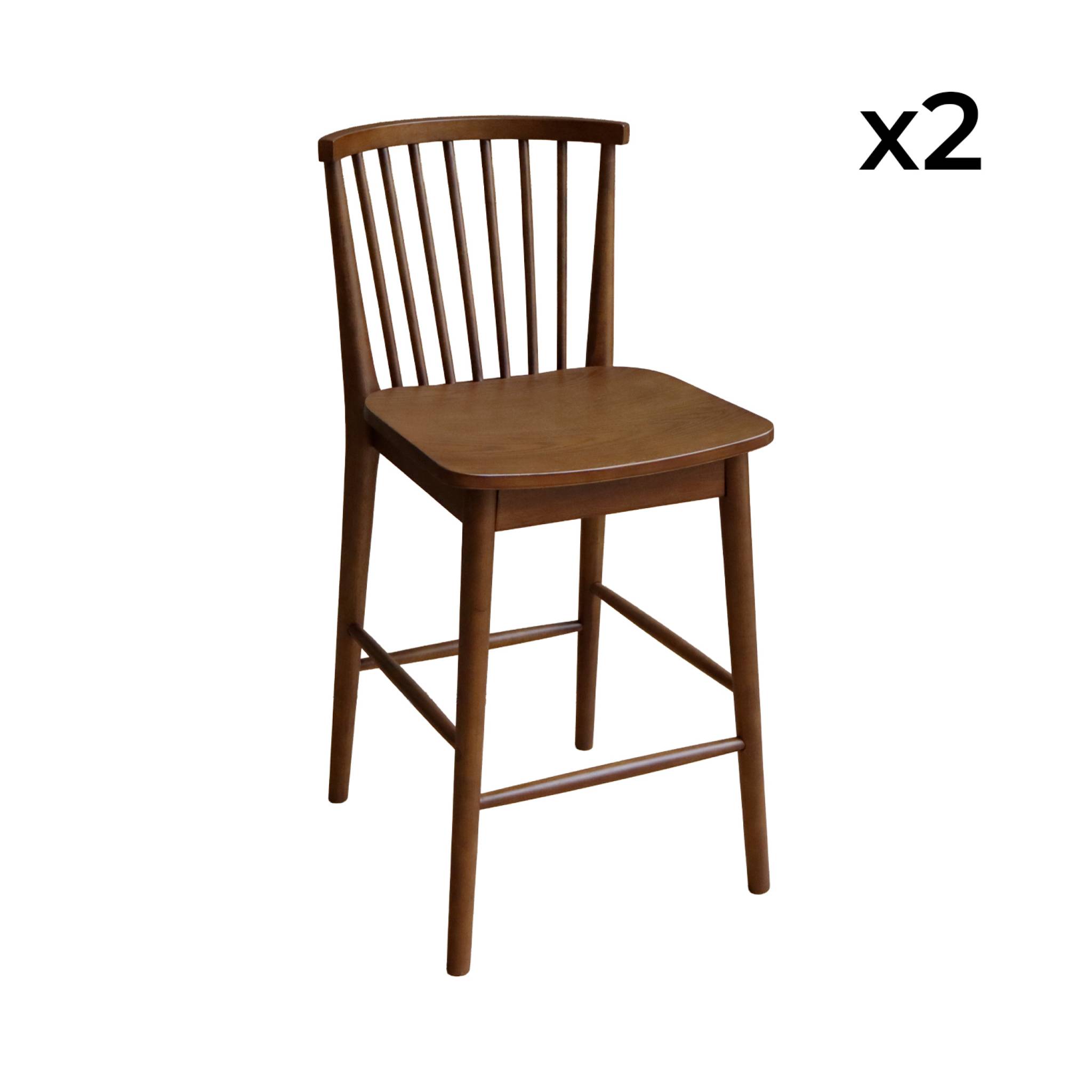 Lot de 2 tabourets de bar à barreaux bois d'hévéa et contreplaqué noyer - 48 x 58 x 98.5 cm - Paula