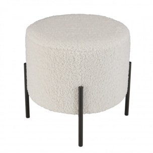 ALBANE - Tabouret rond 40x40cm tissu bouclette blanc pieds métal noir