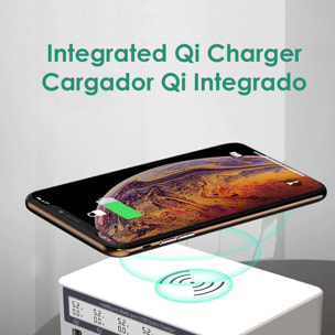 Caricabatterie rapido Multi Qi, con 4 prese USB, 1 uscita QC (Quick Charge) e 1 uscita di tipo C. Display informativo LCD.