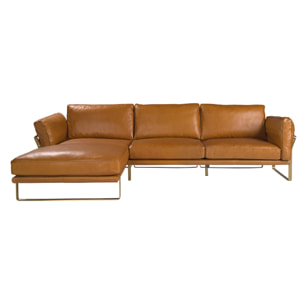 Sofá chaise longue Angel Cerdá izquierda de 5 plazas tapizado en piel de origen vacuno en camel patas de acero inoxidable en dorado 302x166x84cm