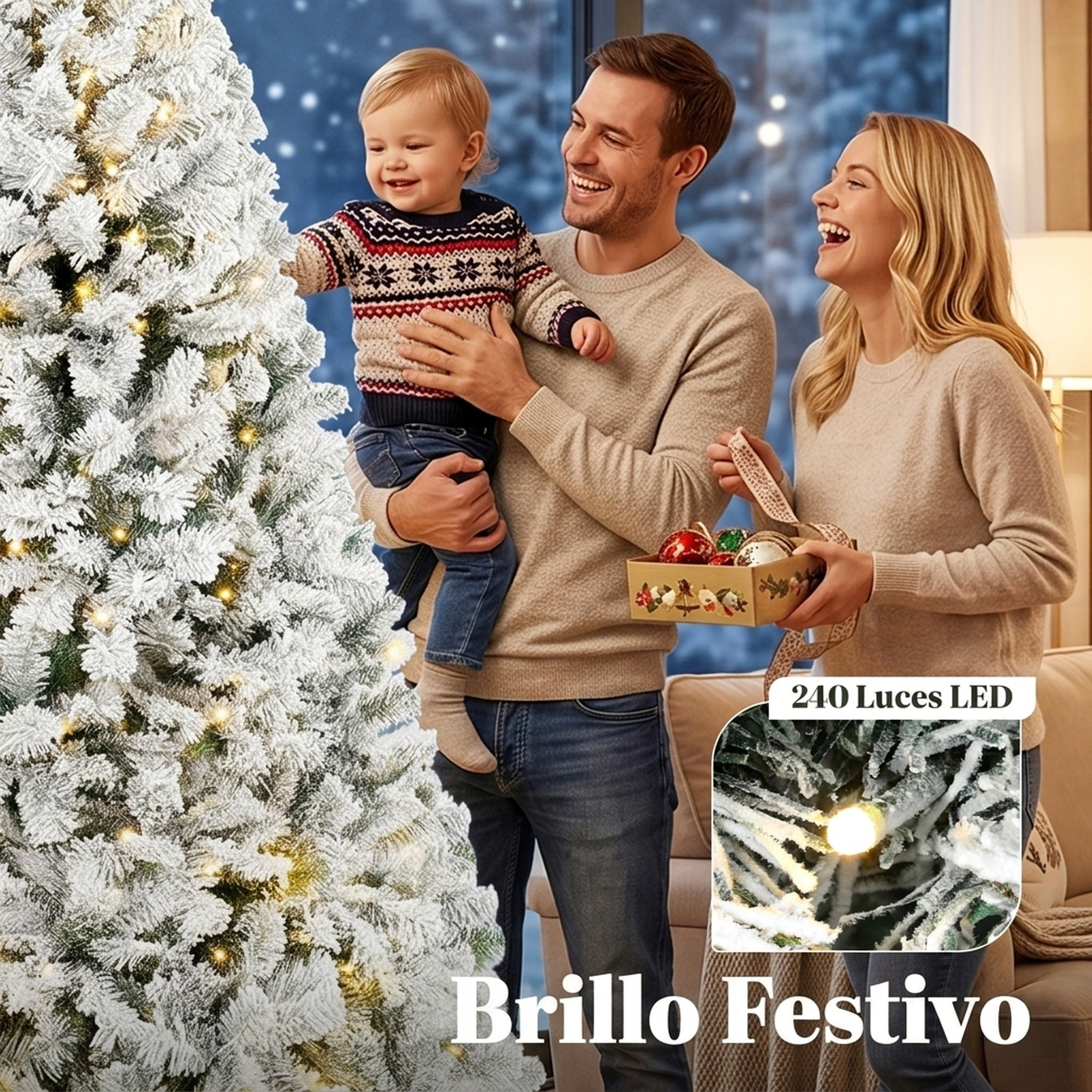 HOMCOM Árbol de Navidad con 240 Luces LED Blanco Cálido, 200 cm, Árbol de Navidad de Abeto Nevado, 850 Ramas Ignífugas Abatibles, Base Metálica Plegable, Verde y Blanco