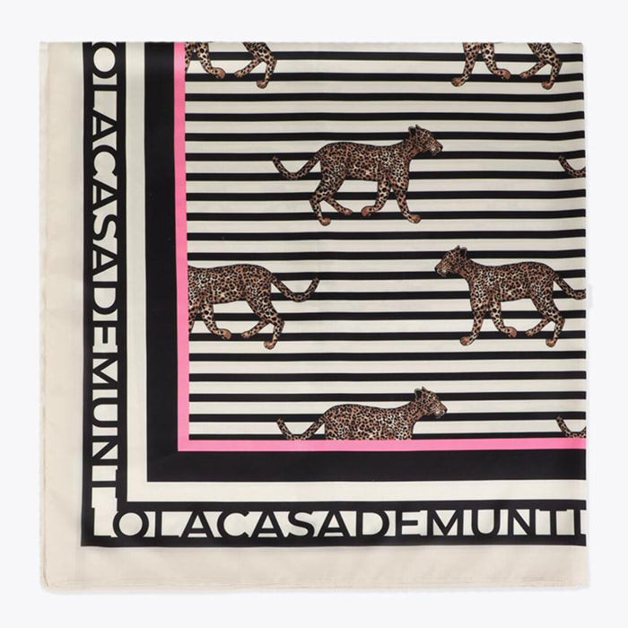 Sciarpa in raso con stampa combinata a righe e leopardo