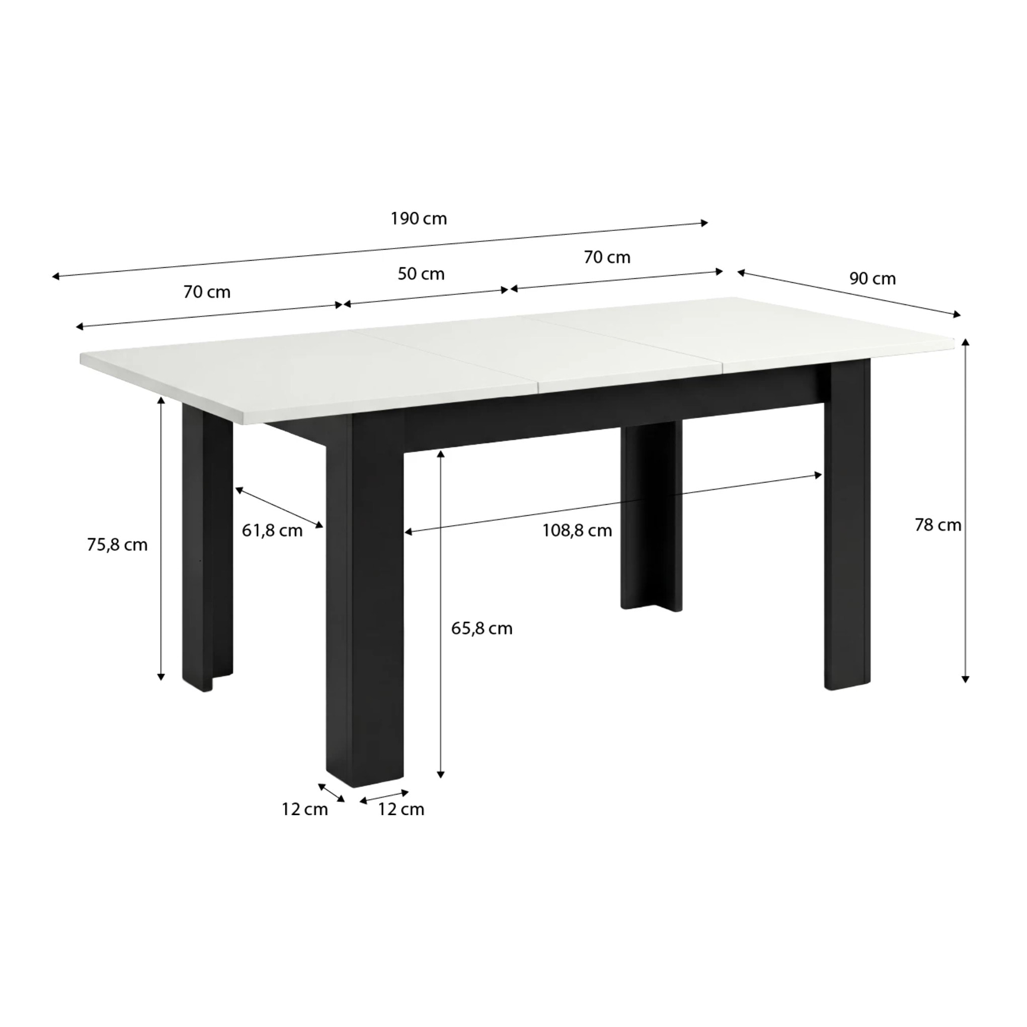 Mesa de comedor extensible en negro mate y blanco artik 140-190x90 cm Sira Negro Mate - Blanco Artik