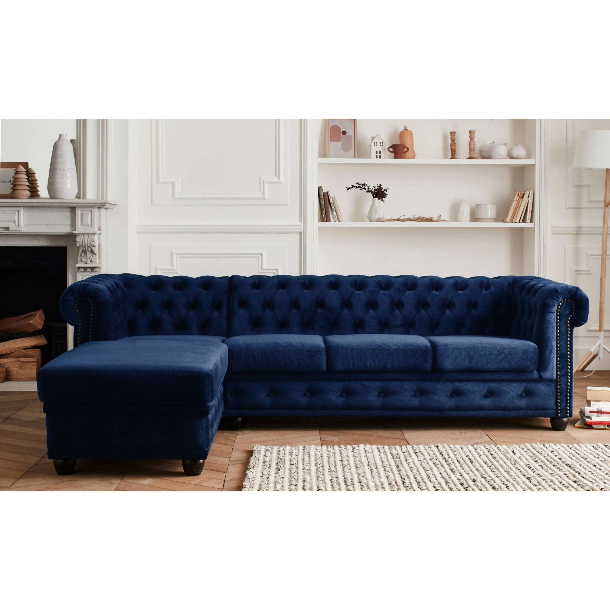 William - canapé Chesterfield d'angle gauche - 4 places - en velours - Bleu nuit