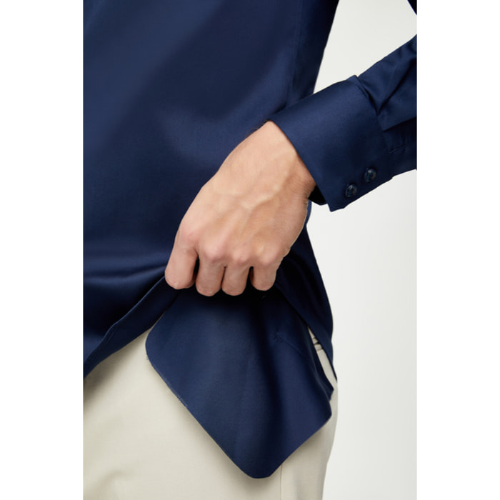 Camicia Uomo 2 Bottoni Button Down Slim Satin Unito Blu