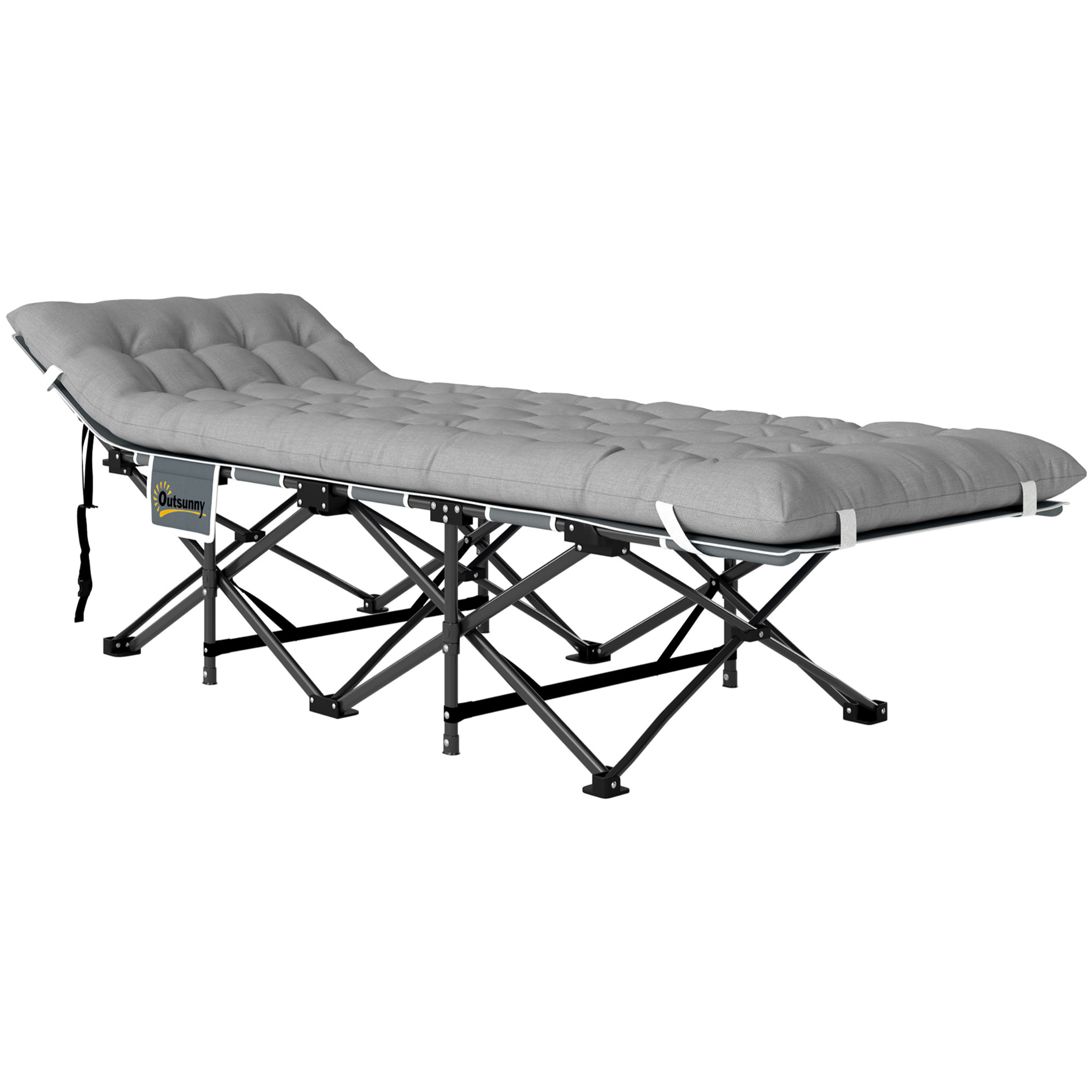 Lit de camping pliable - matelas, pochette latérale sac intégré - métal tissu Oxford - 185 x 68 x 37 cm - gris clair