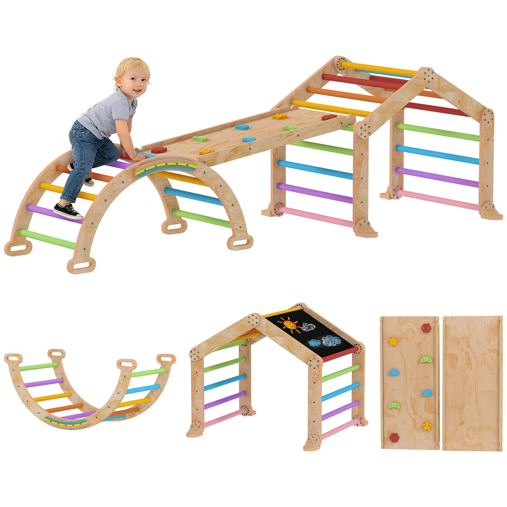 Triangle d'escalade enfant pliable 9 en 1 - aire de jeu enfant - bois naturel multicolore