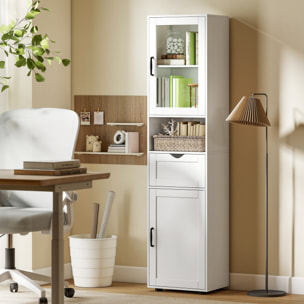 Armario de Baño Alto, Mueble Auxiliar de Baño con Puerta de Vidrio, Estantes Ajustables, Cajón, Estante Abierto, Columna Estrecha para Espacios Pequeños, 40x30x165 cm, Blanco