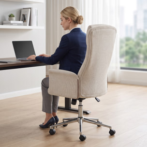HOMCOM Silla de Escritorio Giratoria Tapizada en Chenilla, Silla de Oficina con Respaldo Alto, Función de Balanceo, Altura Ajustable, Reposabrazos Acolchados y Ruedas de PU, Beige