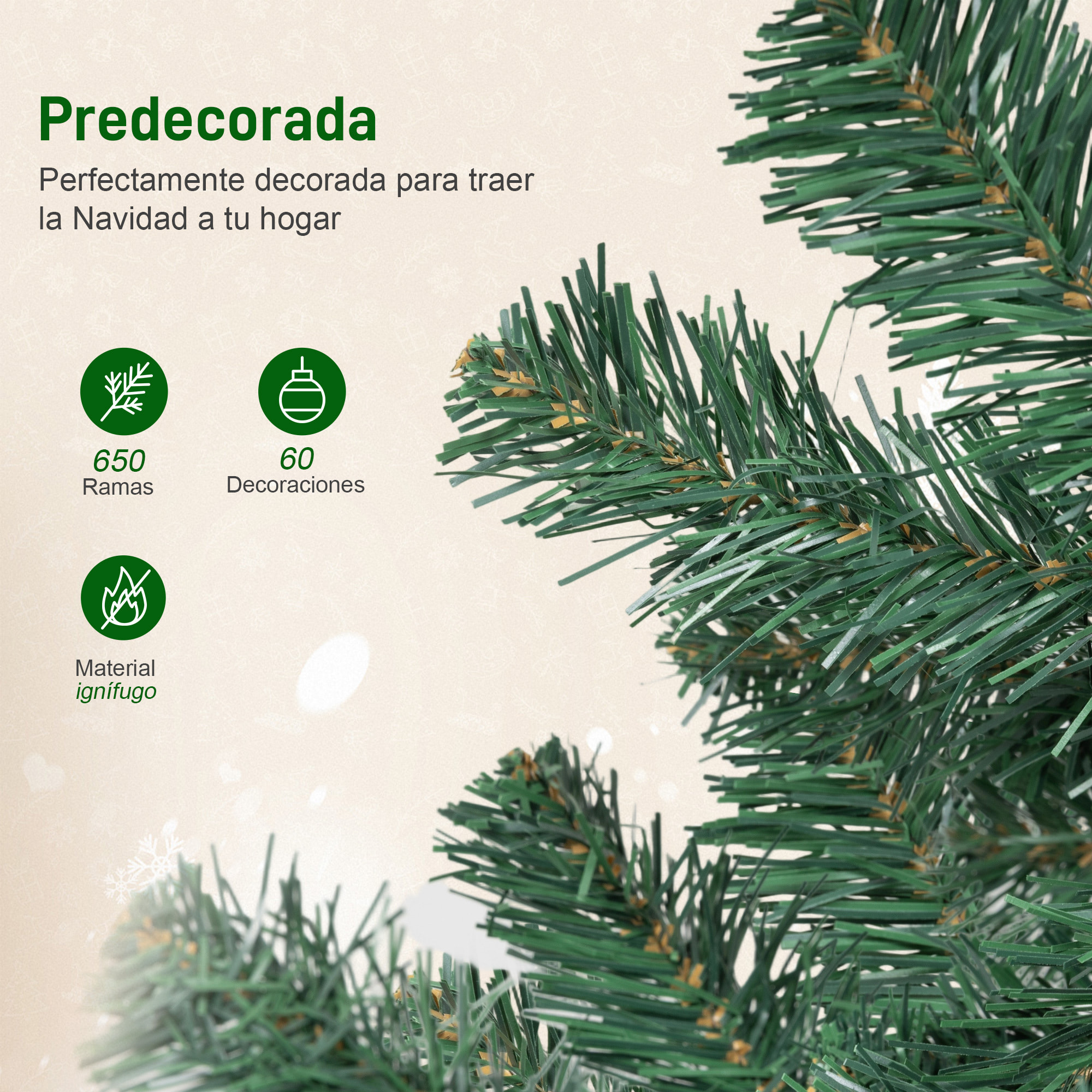 Árbol de Navidad 180 cm con Adornos, 200 Luces LED Blanco Cálido, Árbol de Navidad Decorado con 8 Modos de Iluminación, 650 Ramas, Soporte de Acero, Decoración para Hogar, Fiesta, Interior