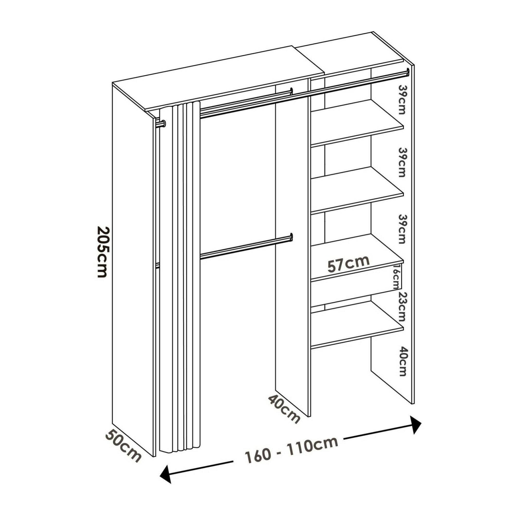 Guardaroba Wetterhorn, Struttura per cabina armadio, Mobile appendiabiti aperto, 160x50h205 cm, Bianco e Grigio