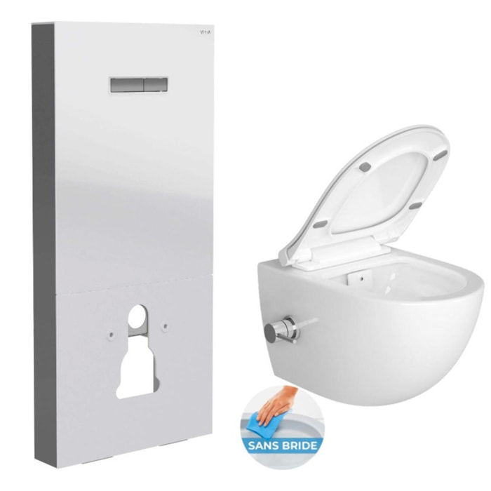 Pack WC Bâti support Vitra en verre trempé/aluminium brossé avec plaque intégrée, Blanc + WC sans bride SAT, fonction bidet