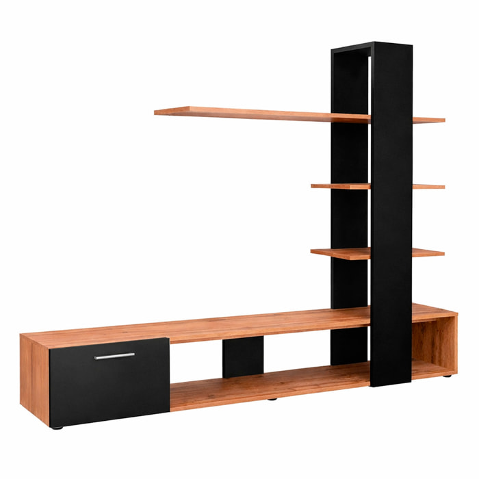 Parete Attrezzata Soggiorno Mobile Tv Ripiani Mensola Moderno Living Arredo Contemporaneo Contenitore Vani Salvaspazio 190x152x35 Cm Rovere E Nero