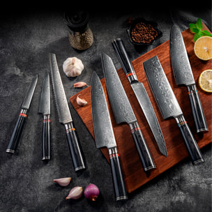Set di coltelli da cucina 8 in 1 stile Damasco con design elegante e manico in legno nero con punte in acciaio.