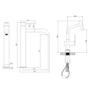 Aurum set mitigeur lavabo haut + mitigeur cuisine Ceramia Timeless acier inoxydable, douchette extractible, or  (SATBA185BG)