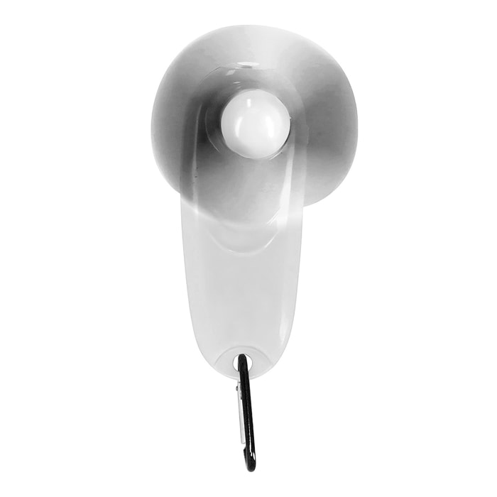 Ventilatore portatile con torcia LED integrata e moschettone per il trasporto.