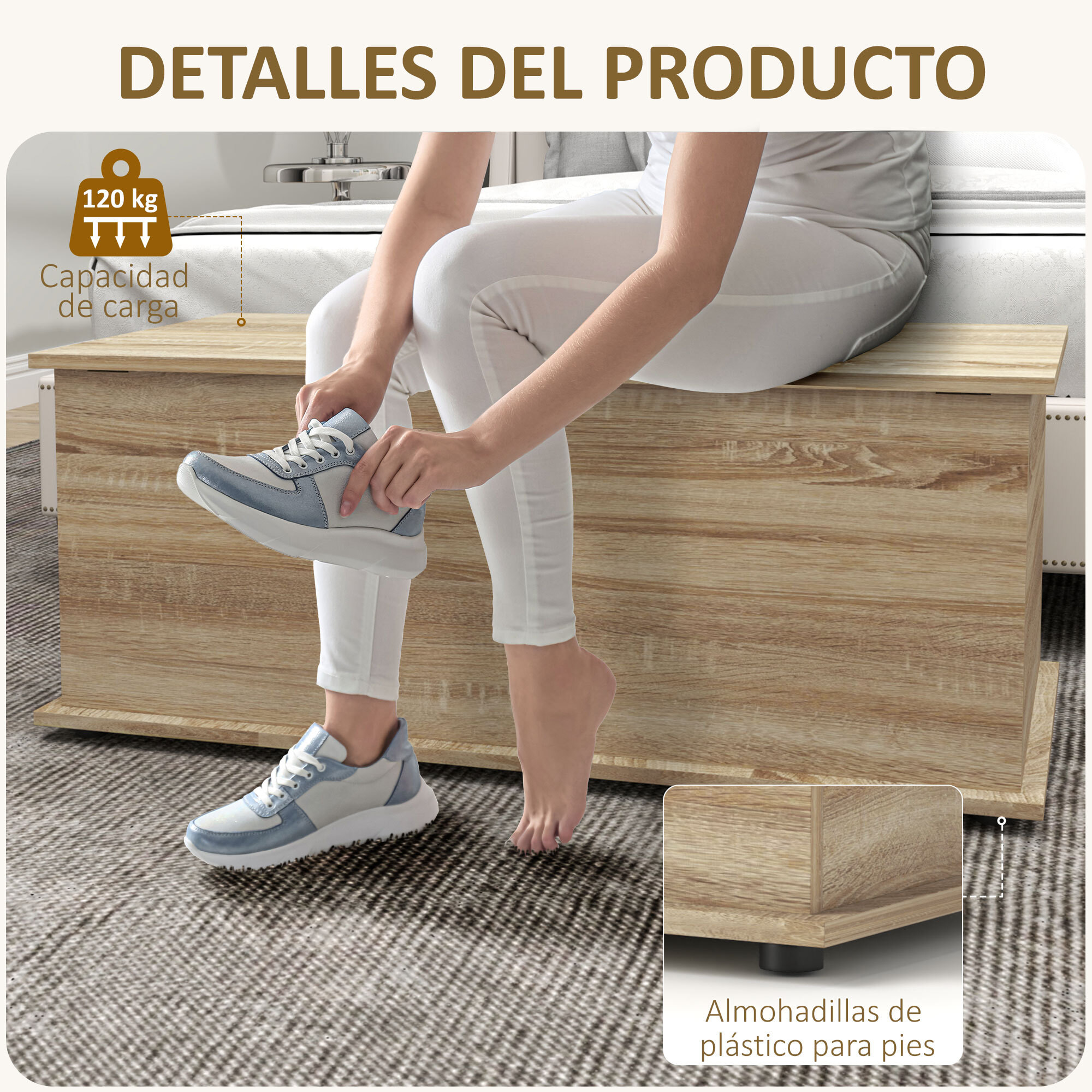 Baúl de Almacenaje, Banco de Almacenaje con Bisagra de Seguridad, Estilo Moderno, para Pasillo, Dormitorio, Salón, 100x40x40 cm, Roble