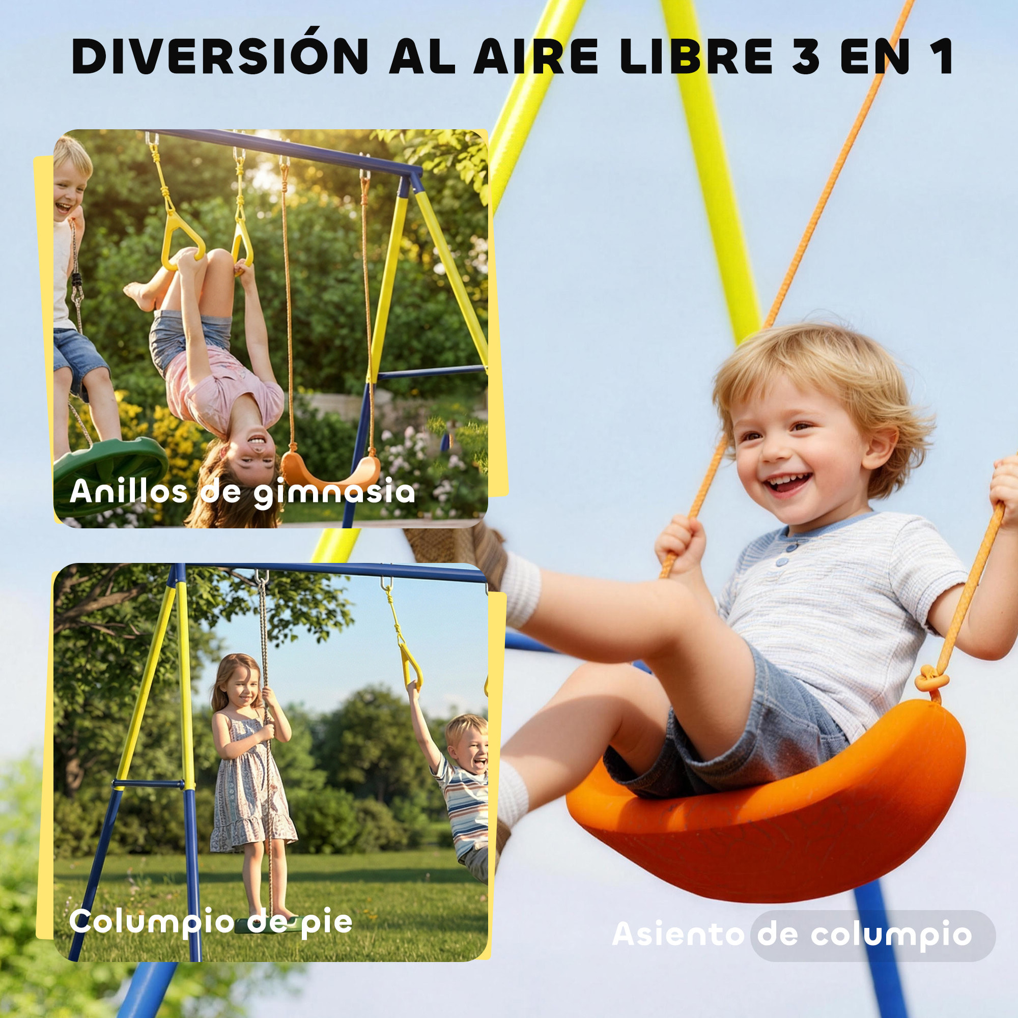 Columpio Infantil 3 en 1, Columpio para Niños Clásico, de Pie, Aros de Gimnasia, Carga 150 kg, para Interior, Exterior, para Niños de 3 a 8 Años, Multicolor