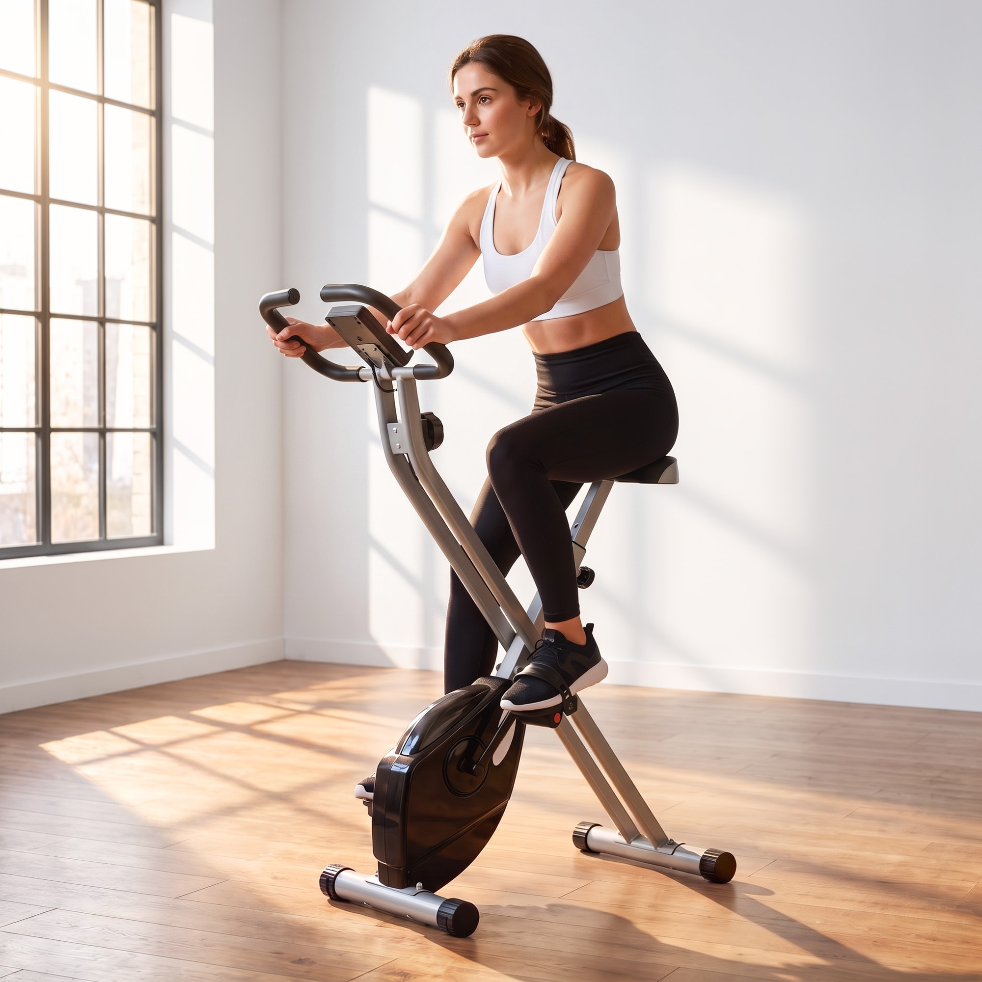 SPORTNOW Bicicleta Estática Plegable, Bicicleta Estática Casa Silenciosa con 8 Niveles Resistencia Magnética, Monitor LCD, Asiento Ajustable, Volante, Sensor Ritmo, Soporte Teléfono y Ruedas, Gris