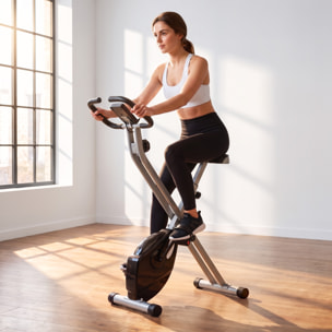 SPORTNOW Bicicleta Estática Plegable, Bicicleta Estática Casa Silenciosa con 8 Niveles Resistencia Magnética, Monitor LCD, Asiento Ajustable, Volante, Sensor Ritmo, Soporte Teléfono y Ruedas, Gris