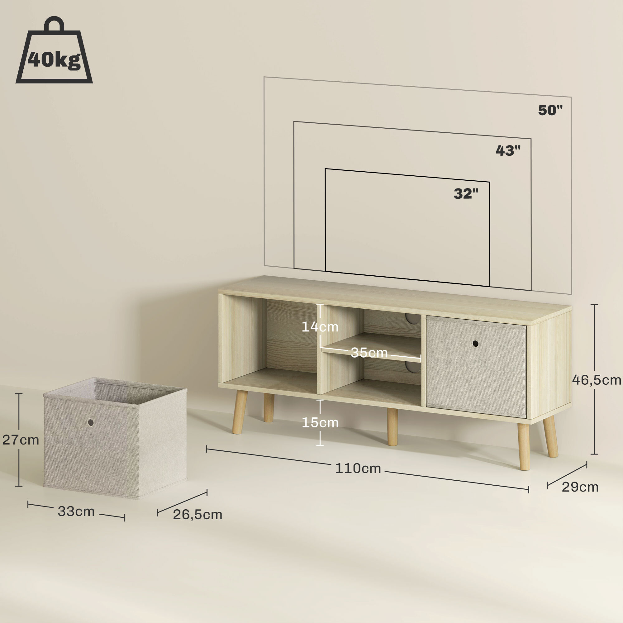 Mueble de TV, Mesa de TV con 2 Cajones de Tela, 2 Estantes Abiertos, Orificios para Cables, para Televisores hasta 50 Pulgadas, Largo de 110 cm, para Salón, Dormitorio, Madera y Beige
