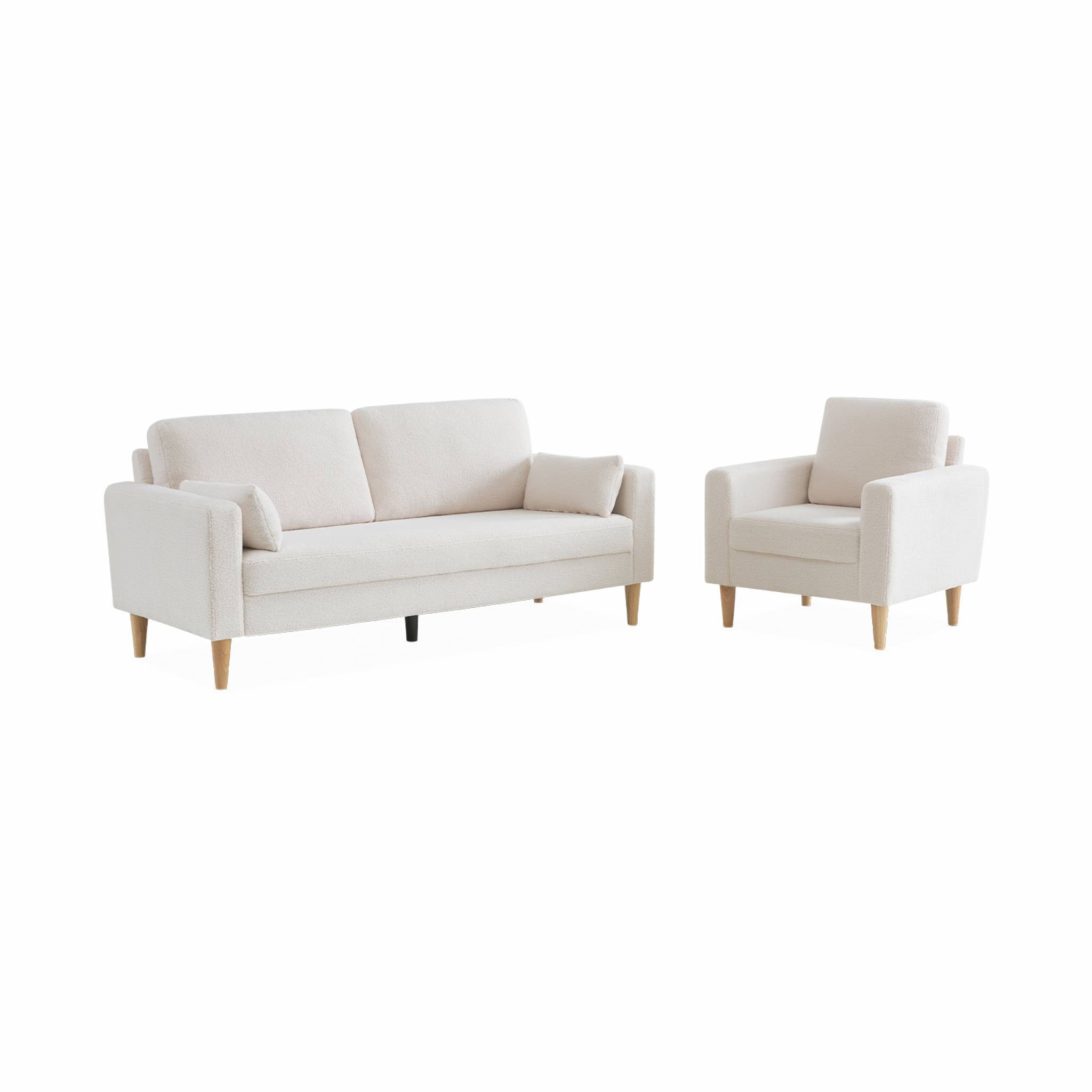 Fauteuil à bouclettes blanc cassé. scandinave  - Bjorn - Canapé 1 place fixe droit pieds bois