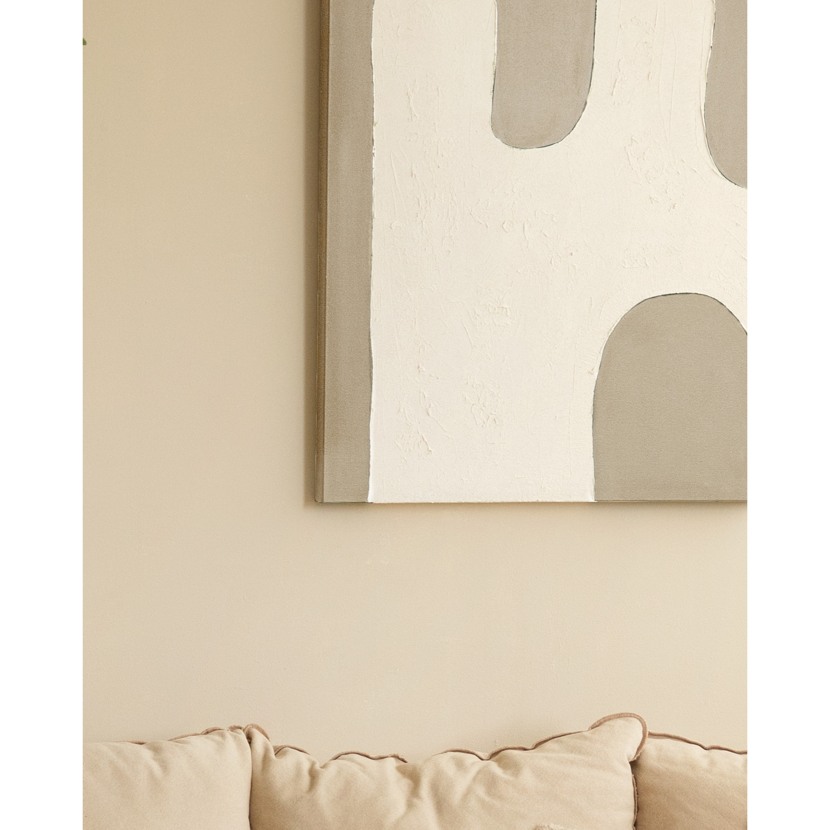 Tableau beige et blanc décoratif sur coton avec cadre en bois peint à la main à la peinture à l'huile en différentes tailles