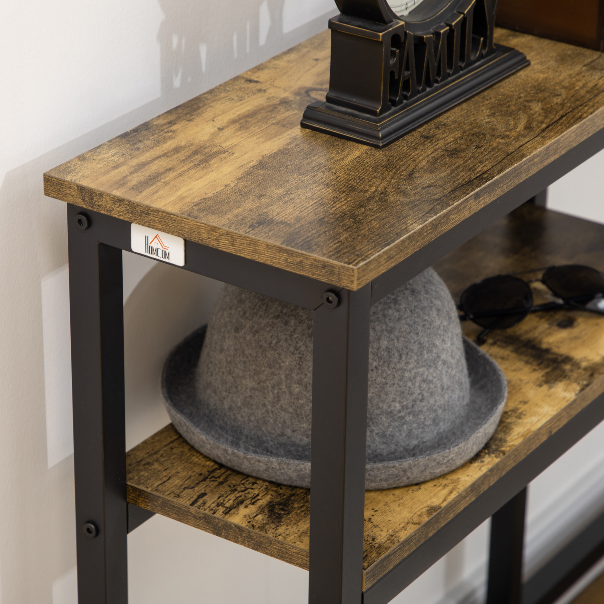 Console design industriel 2 étagères acier noir panneaux aspect bois vieilli
